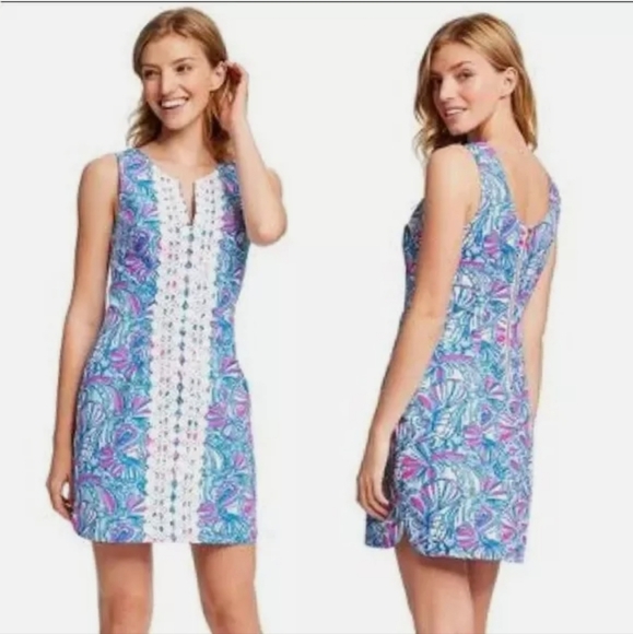Lilly Pulitzer Dresses & Skirts - Lilly Pulitzer + Target Collab “My Fans” Shift Dress Blue Pink Lace Women's 14